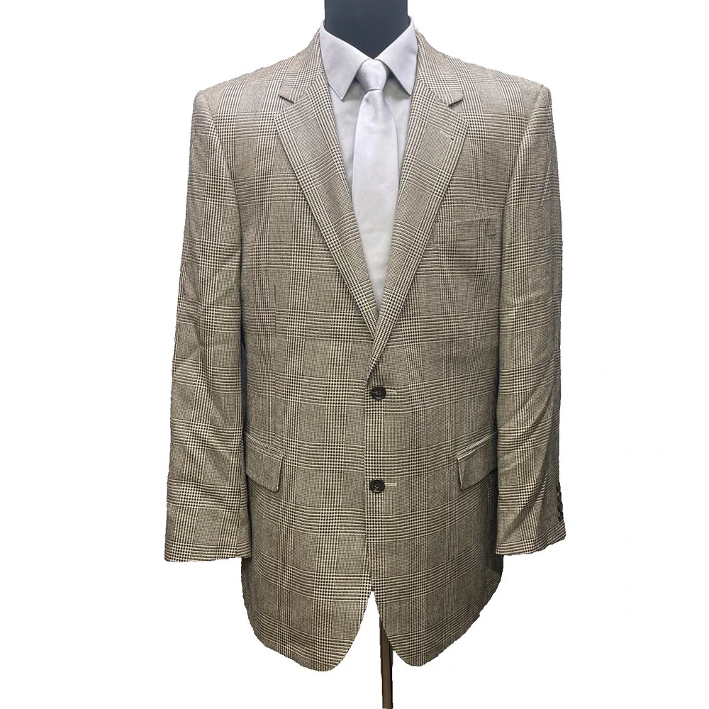 Jos A Bank Signature Silk Camel Hair Blazer Mens 44L Brown Tan Plaid Sport Coat